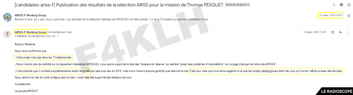 mail ariss f selection projet f4klh